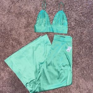 AKIRA two piece green satin set